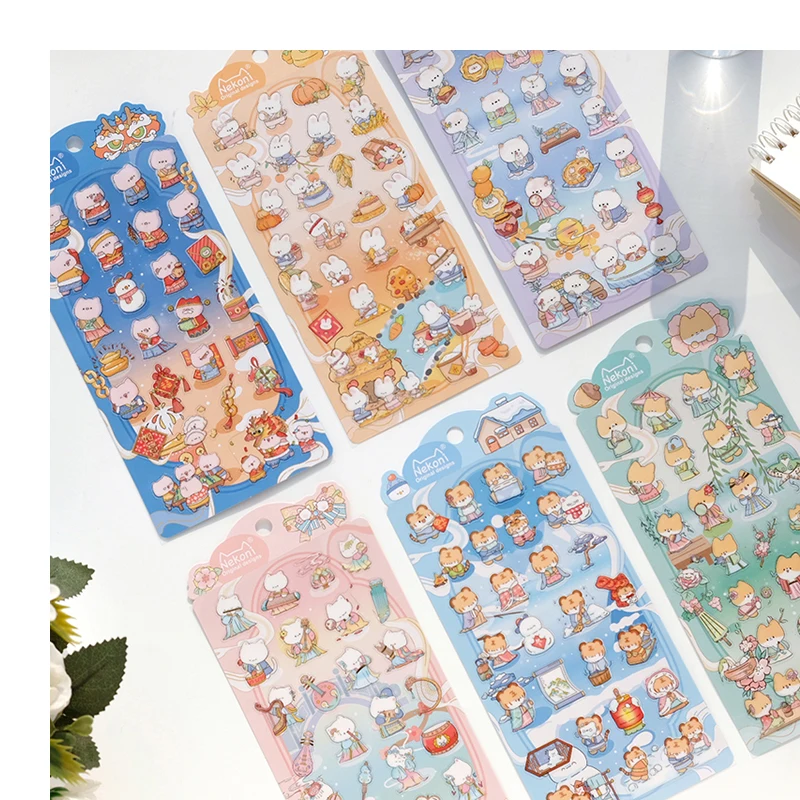 Nekoni Waterproof  Flakes Dog Rabbit Tiger Pig Cat PVC Stickers Original Design For Animal New Year Sticker