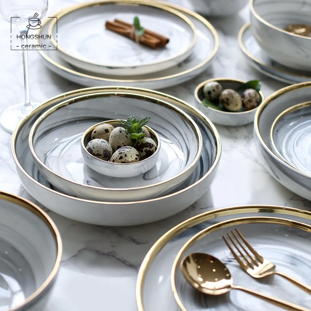 

Marble Pattern Ceramic Dinnerware Set Gold Rim Dinner Plate Porcelain Tableware Plate 6 Pcs/set