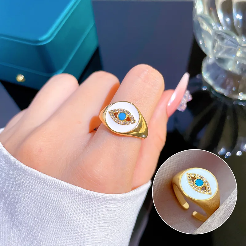 

Fashion Open 18K Gold Plated Oil Dripping Turkish Blue Eye Finger Rings Adjustable Cubic Zirconia CZ Evil Eyes Band Ring