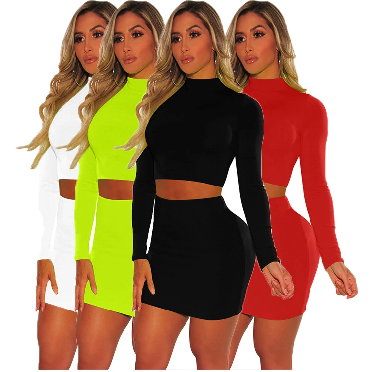 

Hot Sale Womens Winter Clothing 2020 Solid Color Long Sleeve Ladies Skinny Mini Dress Set Women Skirt Sets