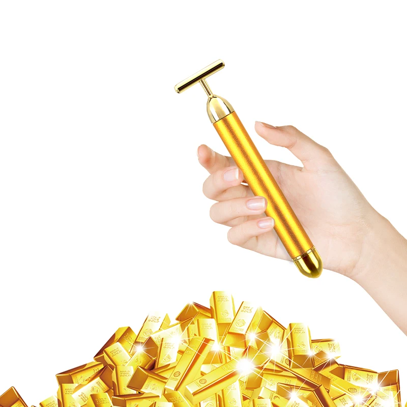

OEM Nano Energy Beauty Bar 24k Gold Vibrating Pulse Facial Massager Electric Golden Firming Skin Care V Face T Shape Vibrator, Gold, rose