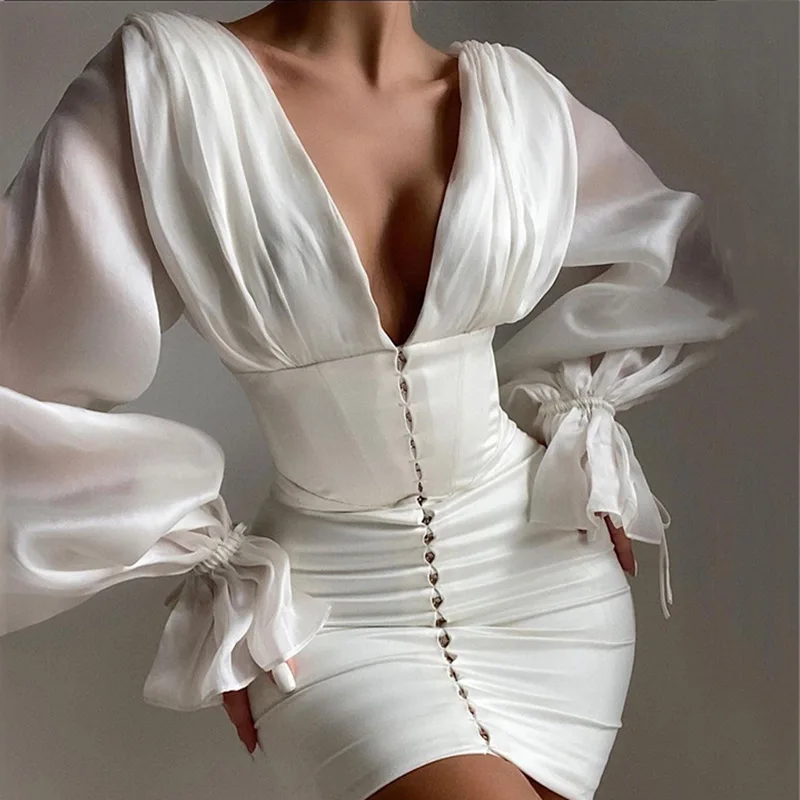 

Spring Deep V Flared Sleeve Hip Skirt Silk Backless Long Sleeve Lady Elegant Women Dresses, White
