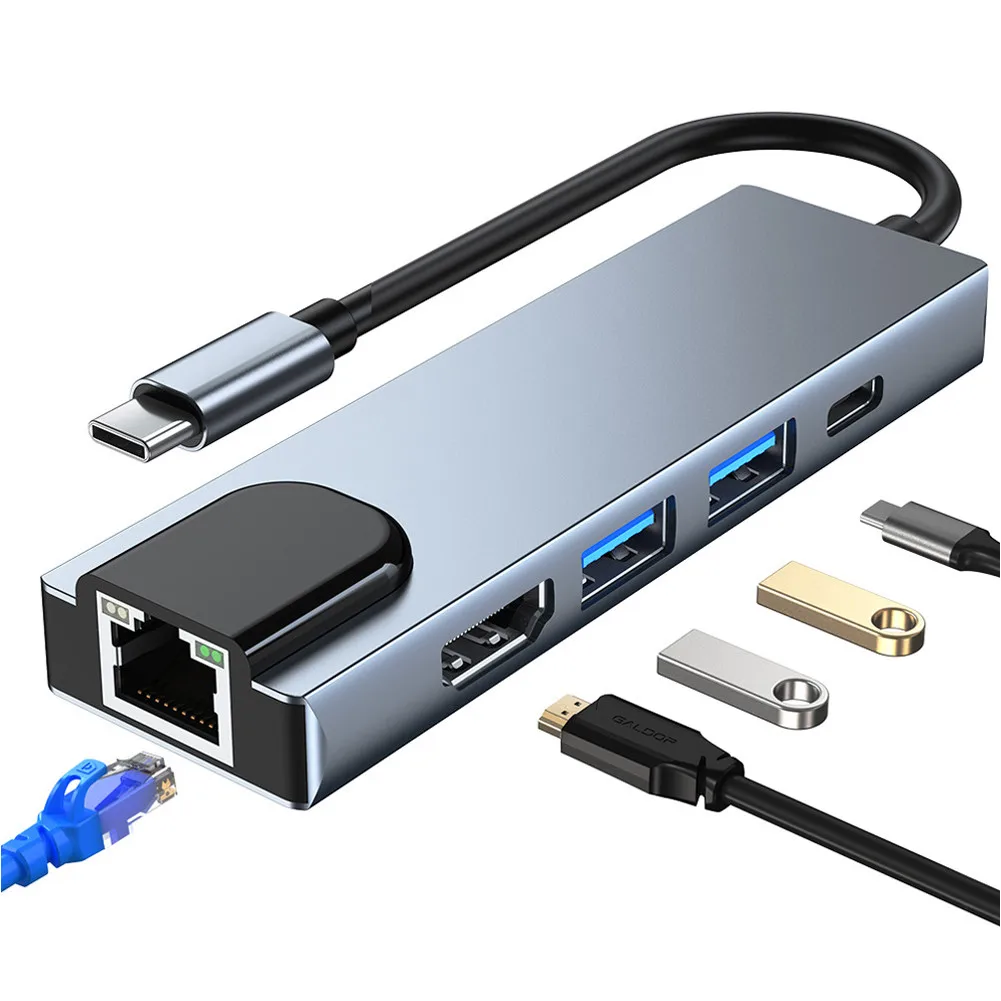 

5 in 1 USB-C 3.0 Multiport USB Hub Adapter RJ45 Ethernet Lan H'DMI 4K Type C Docking Station for MacBook HP Dell Lenovo Laptop, Silver type c hub