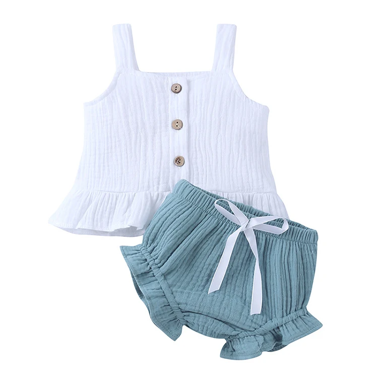 

Wholesale Boutique Kids Sleeveless Clothing Summer Baby Girl Halter Tops and Shorts Clothes Sets Support Worsted Solid Casual