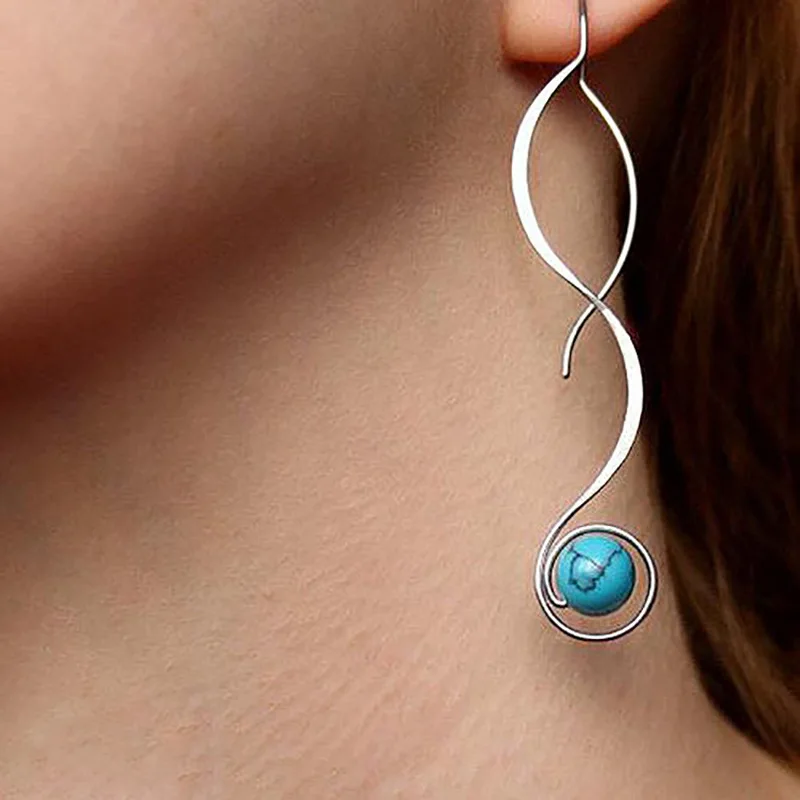 

Fashion Boho Ethnic Long Earring Bohemia Spiral Turquoise Drop Dangle Earring 925 Silver