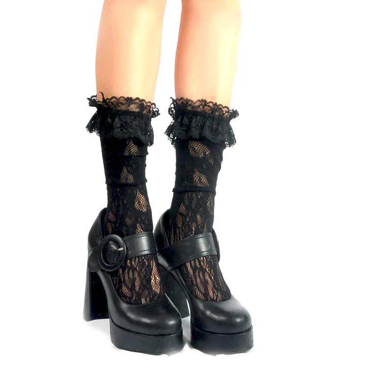 

Best selling lolita ruffle lace women transparent socks, White/black