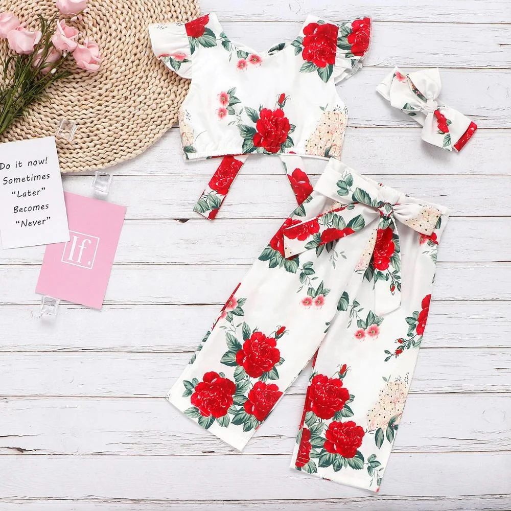 

Toddler Kid Baby Girl Floral Rose Floral Tops+Long Leggings Loose Pants Sunsuit Outfit Set Casual Princess Clothes, As picture
