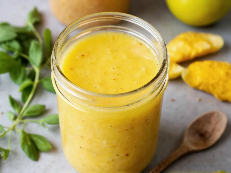 Homemade honey mustard dressing in mason jar with fresh herbs