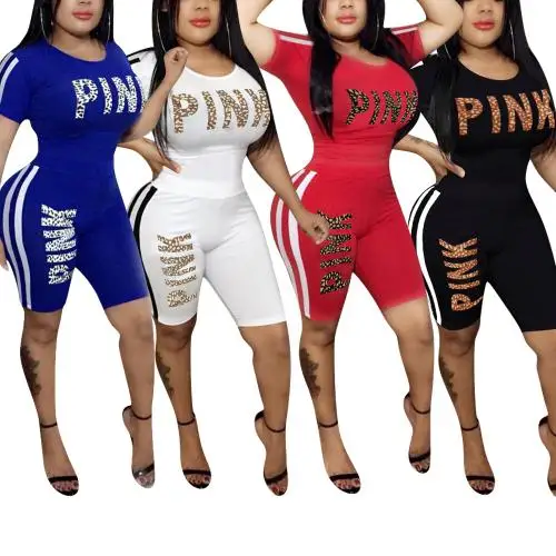 

2020 new women casual 2 piece short set summer printed letter pink short & top