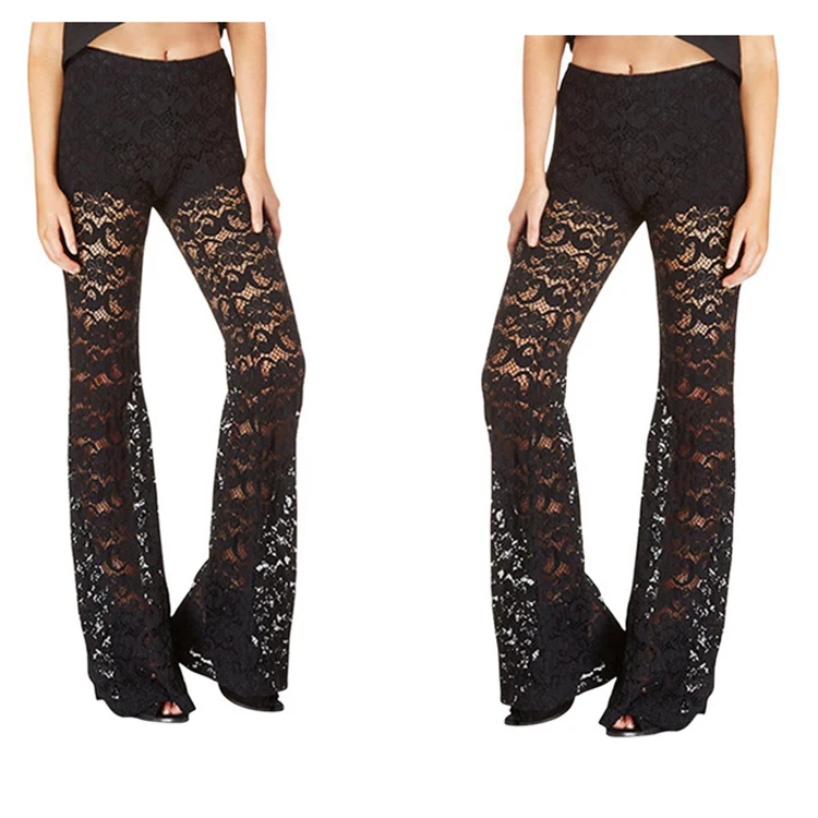 

Ladies women sexy casual plus size bootcut hollow out flare wide trousers straight lace pants for women