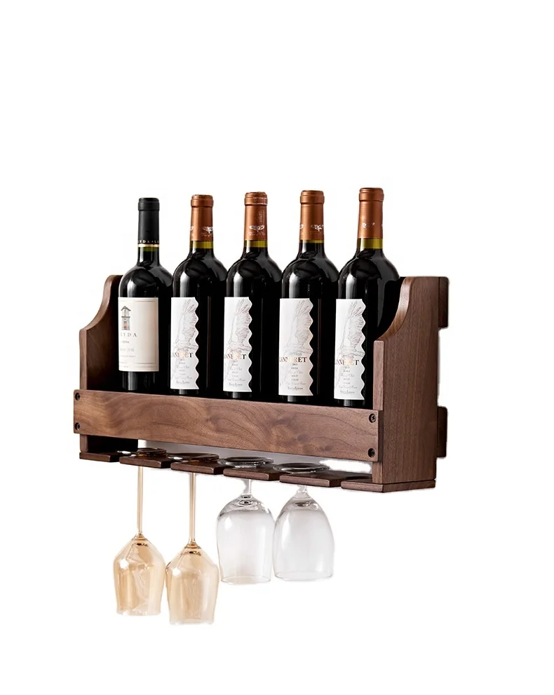 
Walnut Color 6 Bottles Wall Mounted Wine Rack Bottle and Glass Storage Holder Wooden Wine Bottle Wall Shelves with 5 Hold 