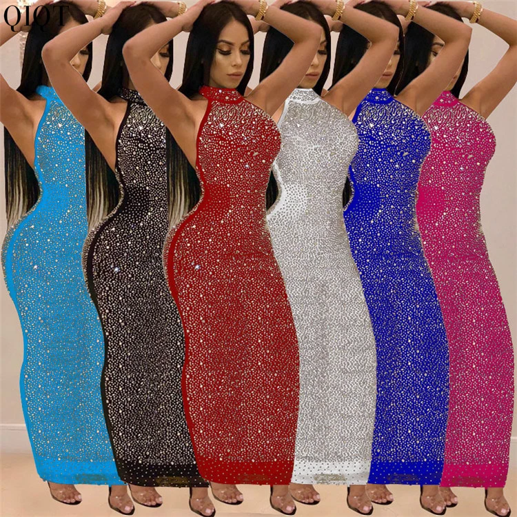 

Trendy 2021 Backless Sleeveless Casual Long Dresses Rhinestone Halter Neck Dress