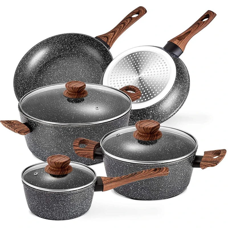 

New Nonstick Marble Coating Aluminum Pots And Pans Set Granite Cookware Sets With Wooden Handle
