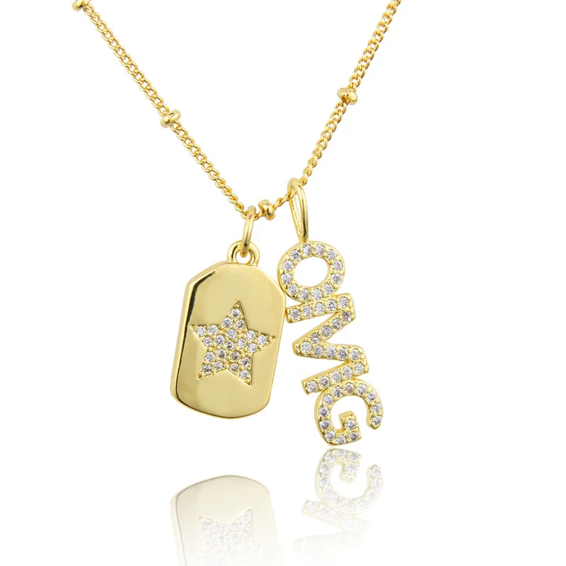 

18k Gold Plated Brass Gold Plated OMG Letters With Square Pendant Necklace Fashion Women Jewelry Gift, Gold color