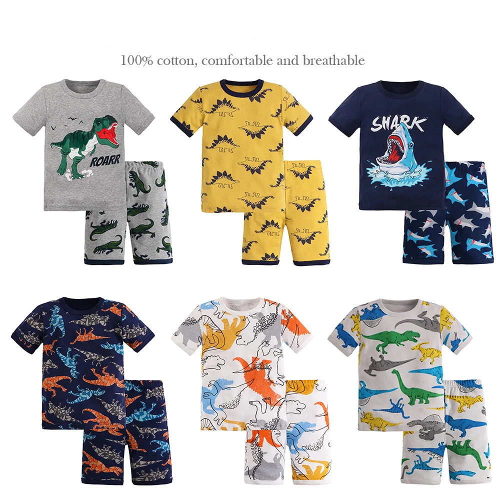 

kids pajamas summer cotton thread short sleeve girls boys cartoon pajamas dinosaur clothes set, As picture
