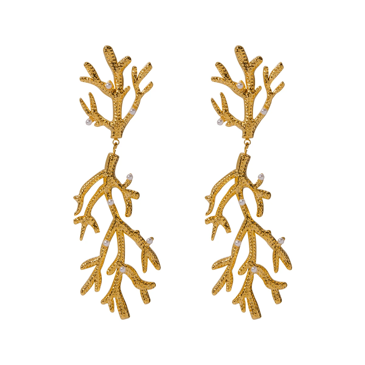 

J&D Jewelry Stainless Steel Pearl Branch Earring 18K Gold Plated Chunky Textured Coral Drop Earrings