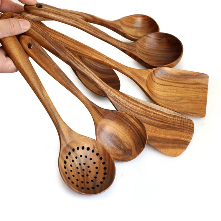 

7 Types Natural Eco Friendly Teak Wood Tableware Spoon Rice Colander Soup Cooking Soup Scoop Spoons Kitchen Flatware Tools