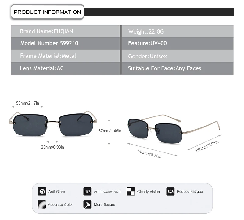 Fashion Semi-Rimless Rectangle Cat3 UV400 Men Women Sun Glass Sunglasses