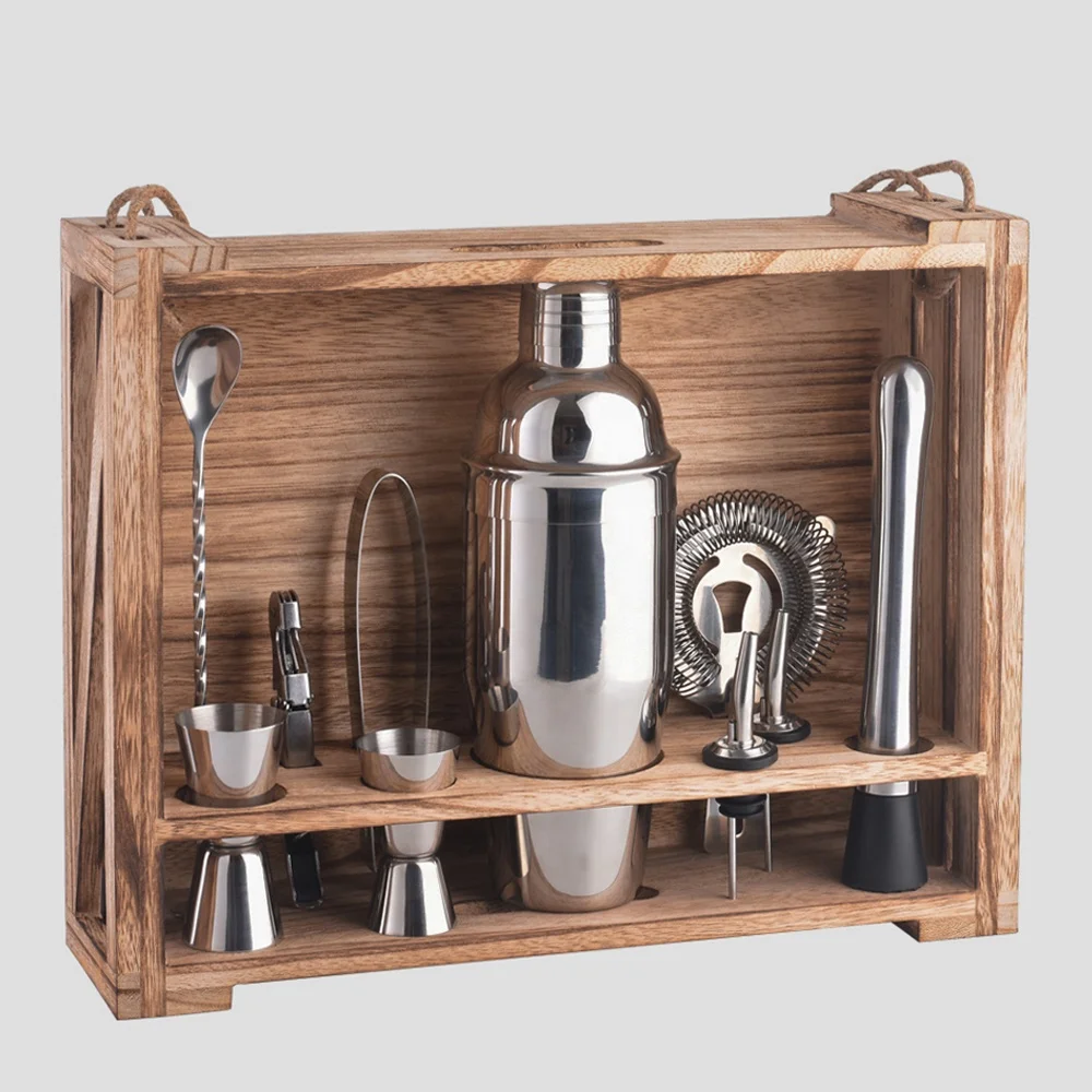 

11 Piece Holder Wooden Box Bar Tools Professional Manufacturer 700ml Stainless Steel Cocktail Shaker Set Mixology Bartender Kit