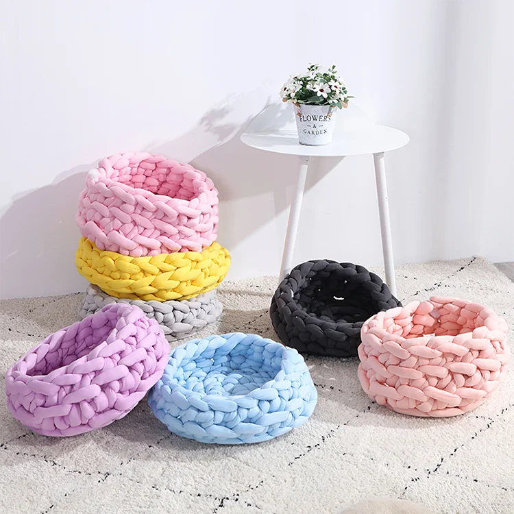 

"Dog Cat Thick Rope Braided Cotton Cat Bed Kennel Nest Soft Pet Cushion Sleeping Bed Handmade Puppy Kitty Nest Knitting Pet Bed, Pink/yellow/gray/purple/blue/black/light pink