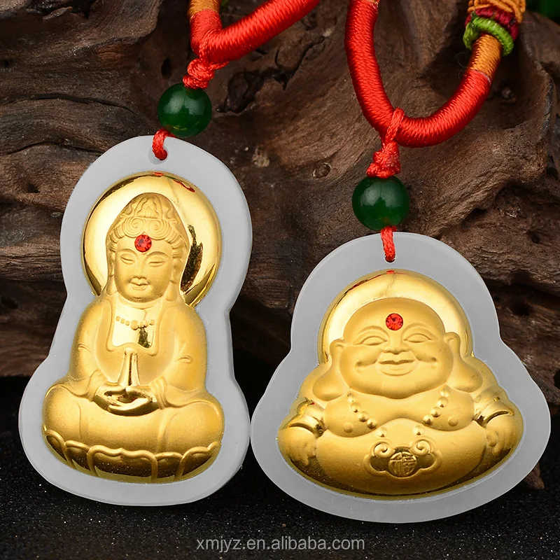 

Certified 4D Gold Inlaid With Jade Pure Gold Inlaid With Hetian Jade Gemstones Large Love Guanyin Buddha Pendant Factory