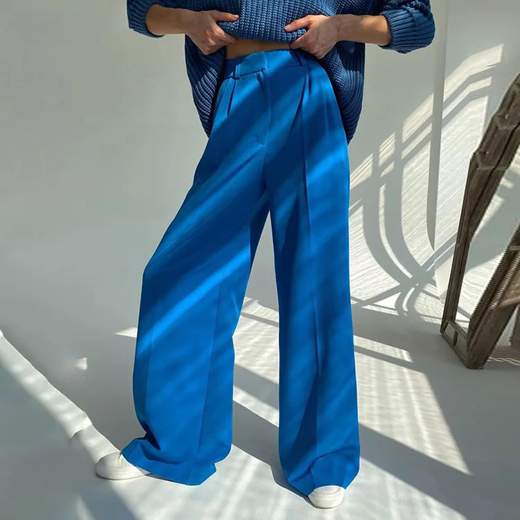 Wholesale 2022 Spring New European and American Commuter High Waist Loose Klein Blue Casual Trousers Drape Mopping Pants