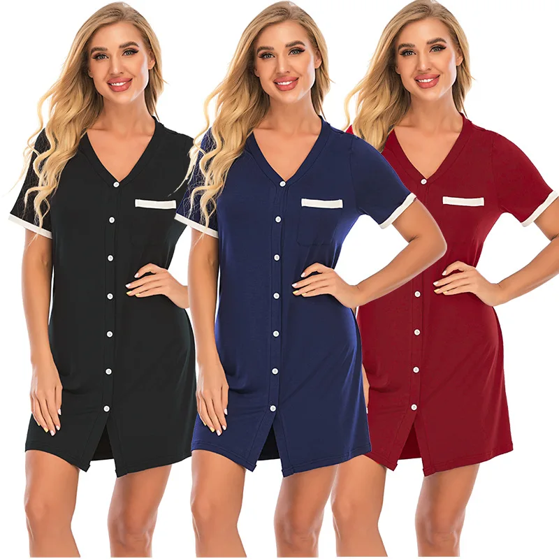 

Soft Comfy modal cotton women sleepwear Elastic loungewear Dress V Neck buttons pyjamas Nightdress, 3colors