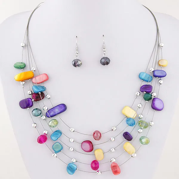 

Fashion Exaggeration Crystal Stones Turquoise Shell Necklace Earring Jewelry Set for Women, As picture