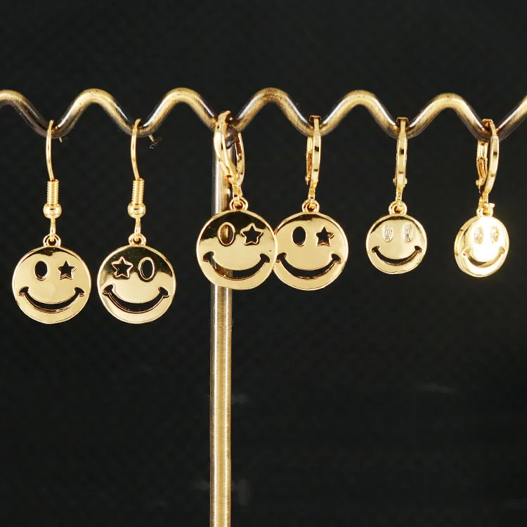 

EC1730 Smiley Jewelry Earring Collection Gold plated CZ Diamond Pave Smile Face Smiley Dangle Charm Huggie Earrings