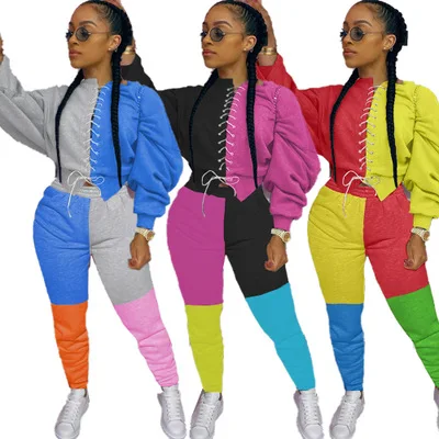 

2020 Winter Women Two Piece Set Patchwork Bandage Cotton 2 Piece Jogger Set Women Sweatpants Outfit Tracksuit Sweatsuit, Picture