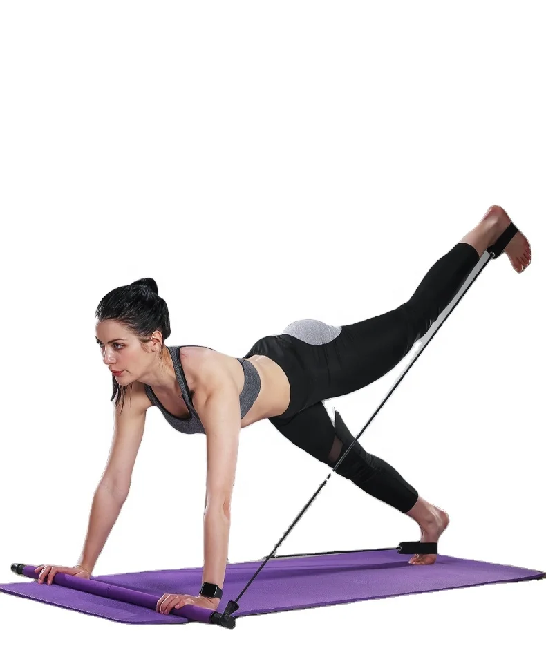 

wholesale yoga pilates indoor fitness exercise bar with resistance rope/Portable pilates bar kit with resistance band, Pink, purple, black