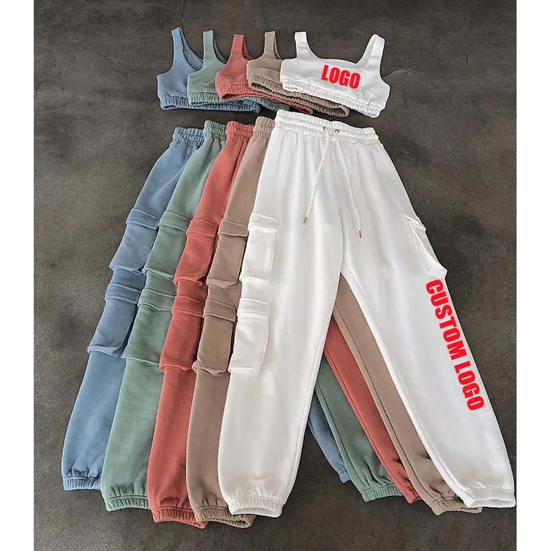 

Free Shipping Fashion character style women two-piece sets sleeveless crop top &casual long pants solid color sport suits, Customized color