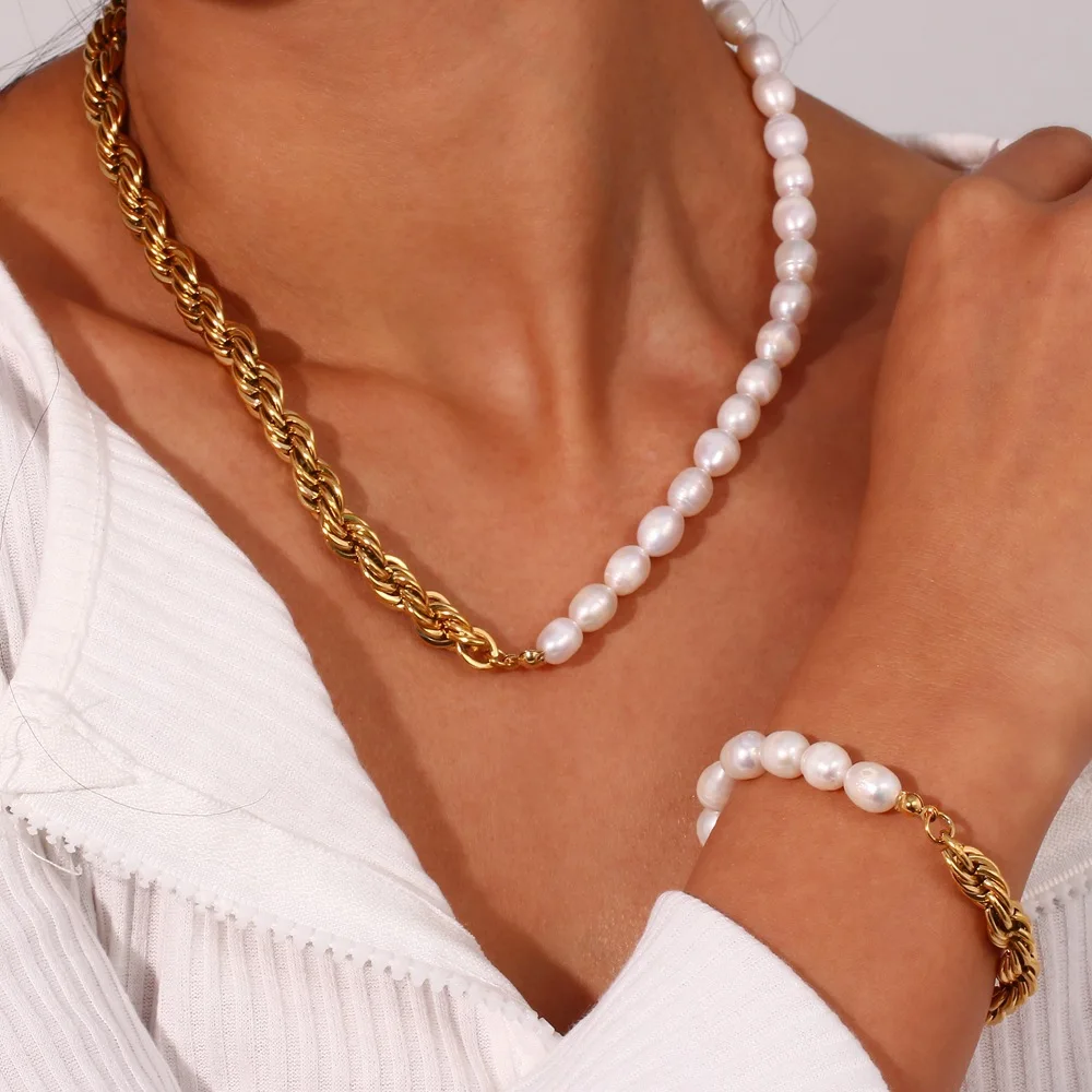 

Fashion Gold Plated Clavicle Bracelets Jewelry Elegant Half Natural Freshwater Pearl Chain Necklace for Women Girls
