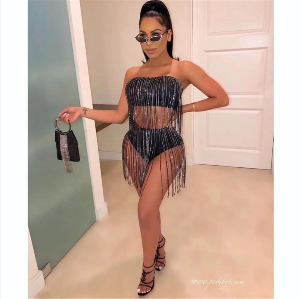 

B62022A New super sexy grain hot chest wrap top flash tassel suit, Black/white