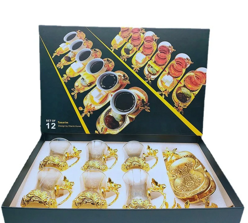 

Qian Hu Gift Set Turkish Tea Set Luxury Arabic Glass Coffee Mugs Sublimation with Gold Plate Metal Tray Decoration, Multi color