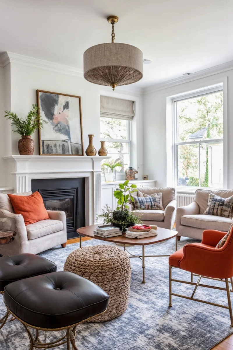 Family Sitting on Leather Couch with Toys Stored Nearby
