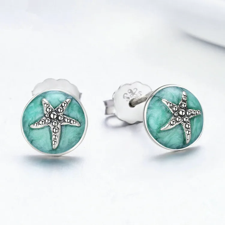 

Ocean Style Enamel 925 Sterling Silver Starfish Stud Earrings for Women, White gold