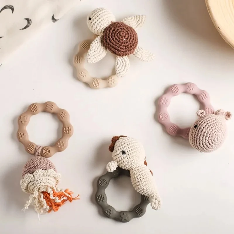 

Baby Ocean Crochet Teether Rattle BPA Free Silicone Ring Baby Teething Toy for Kids Infant Birthday Gifts