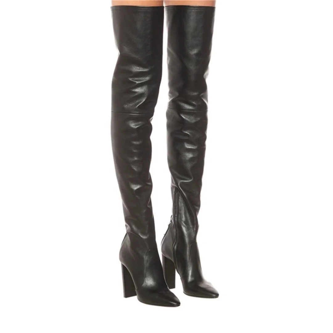 

Sexy Lace Up Cross Strap Leather Upper Long Thigh High Boots Chunky Heel Plus Size 48, Black