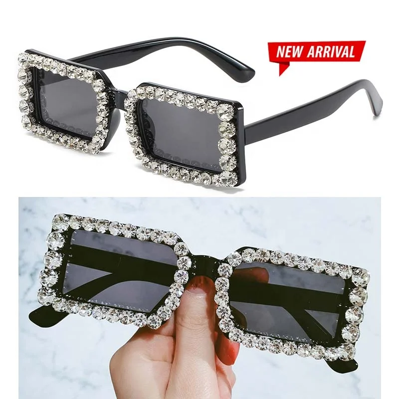 

2022 New York Latest trendy gafas de sol custom bling diamond shades women retro vintage rectangle frame rhinestone sunglasses