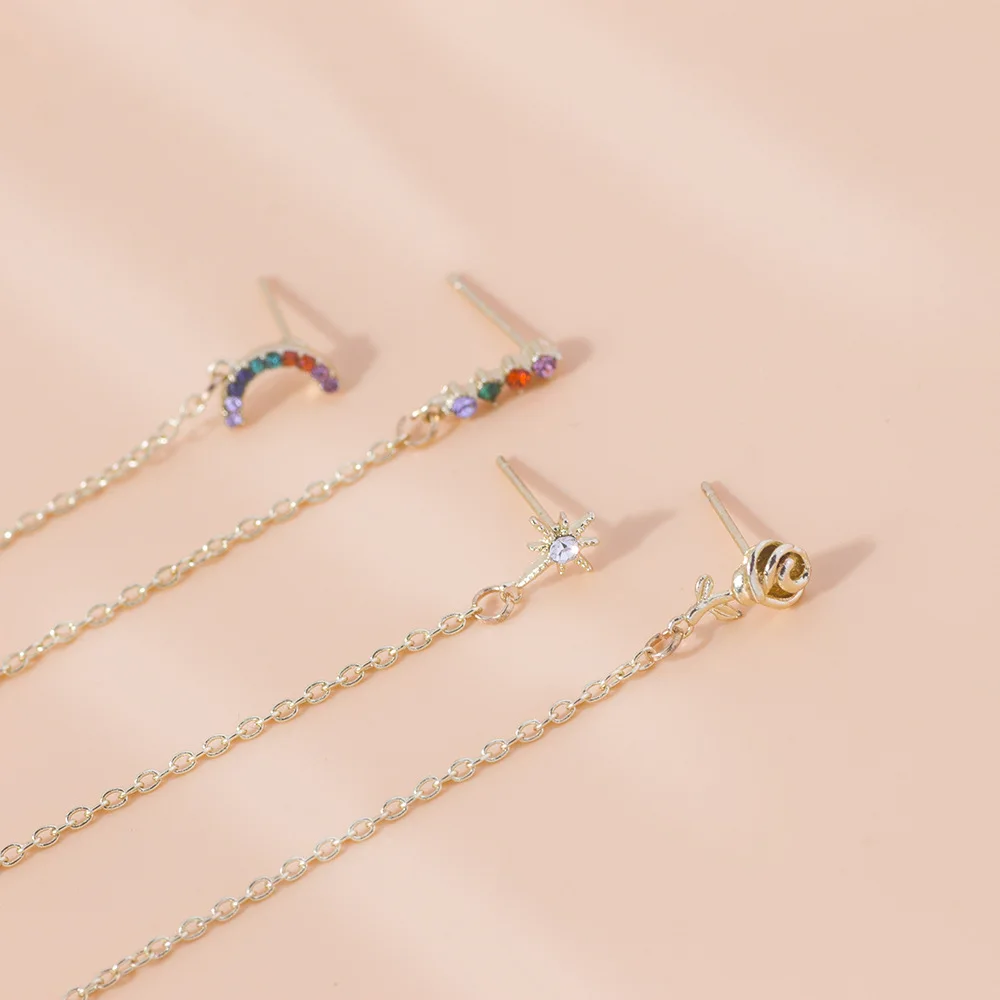 

2020 New Arrival Gold Plated Long Link Chain Hip Hops Earrings Rainbow Rhinestone Crystal C Shaped Chain Earring, As pictures