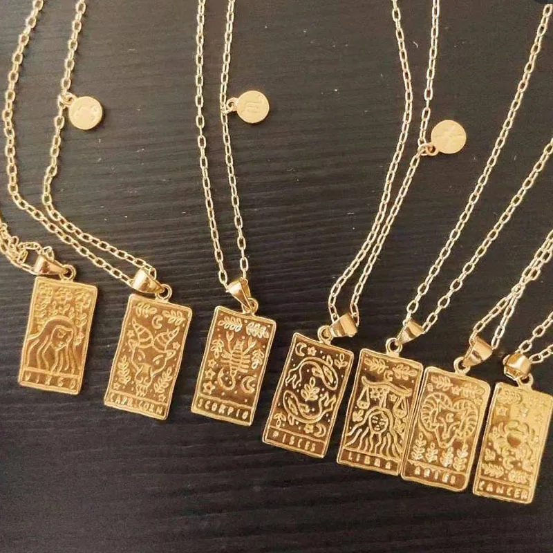 

New trend stainless steel pendent Zodiac Necklace 18K gold square Poular Tarot necklace 2021