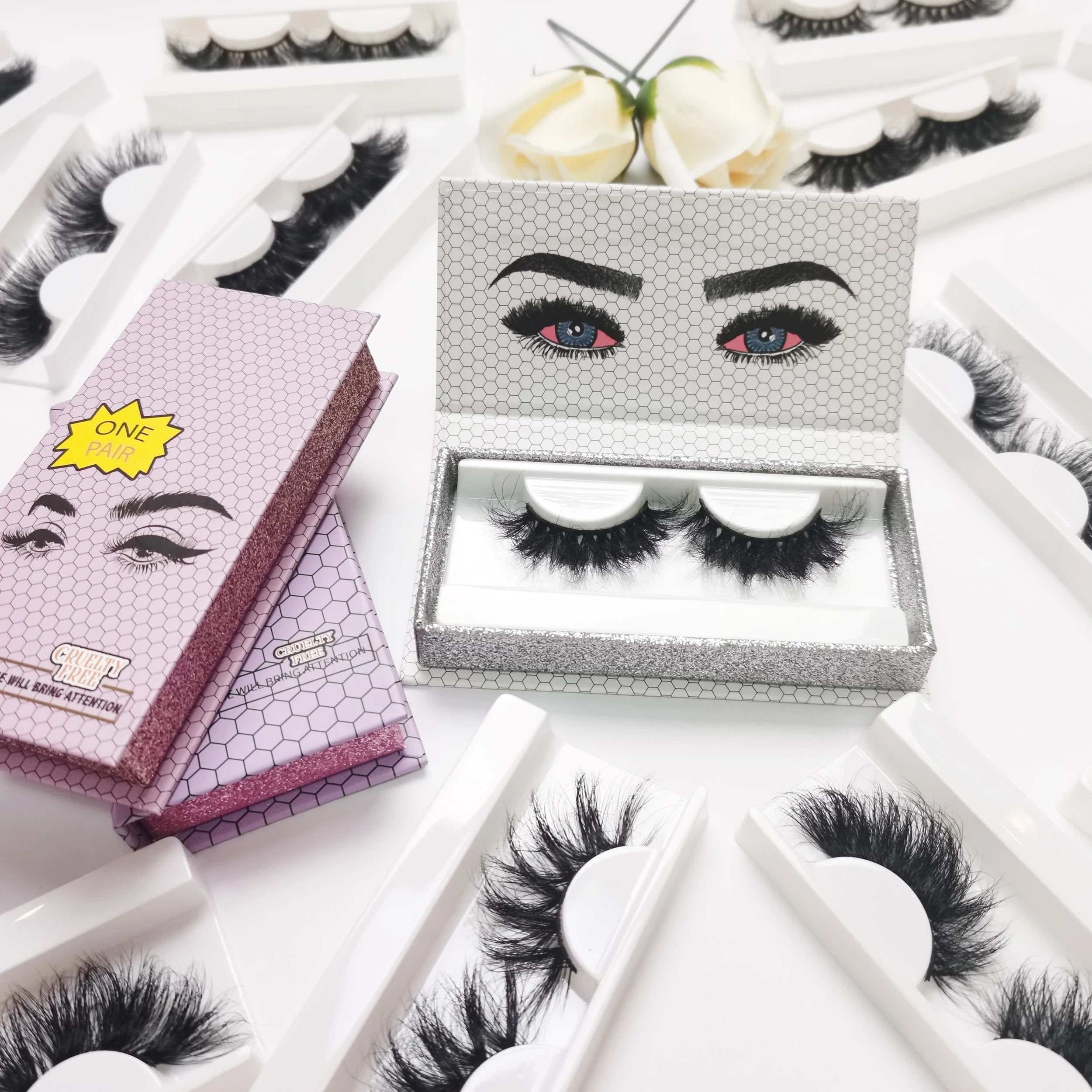 

wholesale eyelash vendor custom packaging box and logo vendor fluffy 15-25mm 3d siberian faux mink eyelash, Natural black