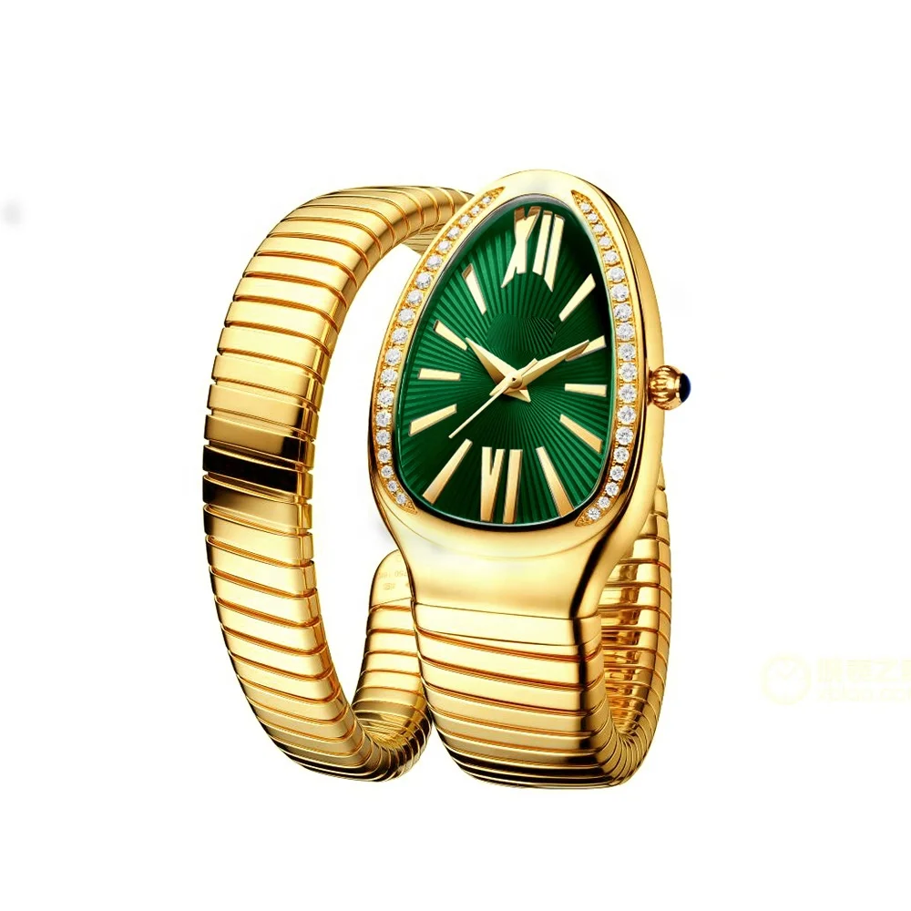 

Custom Snake Designs Watch Case Green Sunray Dial Gold Steel Bracelet Watch Women Ladies, Silver/gold/two tone/green/blackred