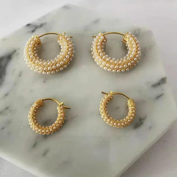 

Vintage Jewelry Gemstone Women Gold Cubic Pave Hoop Earrings CZ Stones Huggies Hoops Micro Pave Pearl earrings