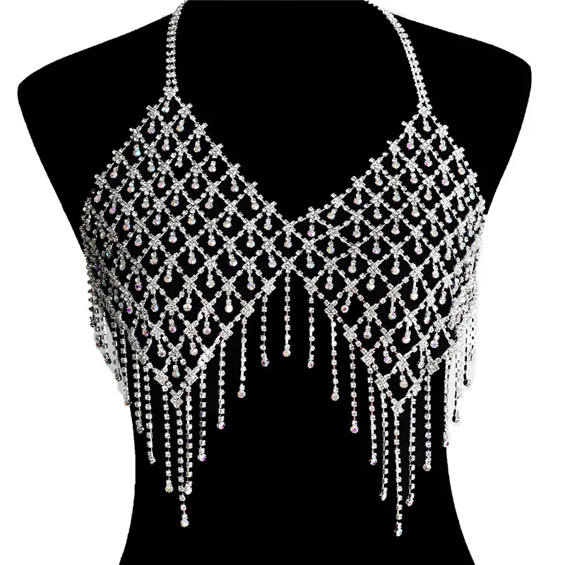 

Rhinestone Lingerie Chest Woman Bra Harness Clothes Bulk Hollow Alloy Jewelry Sexy Tassel Body Chain, Silver color