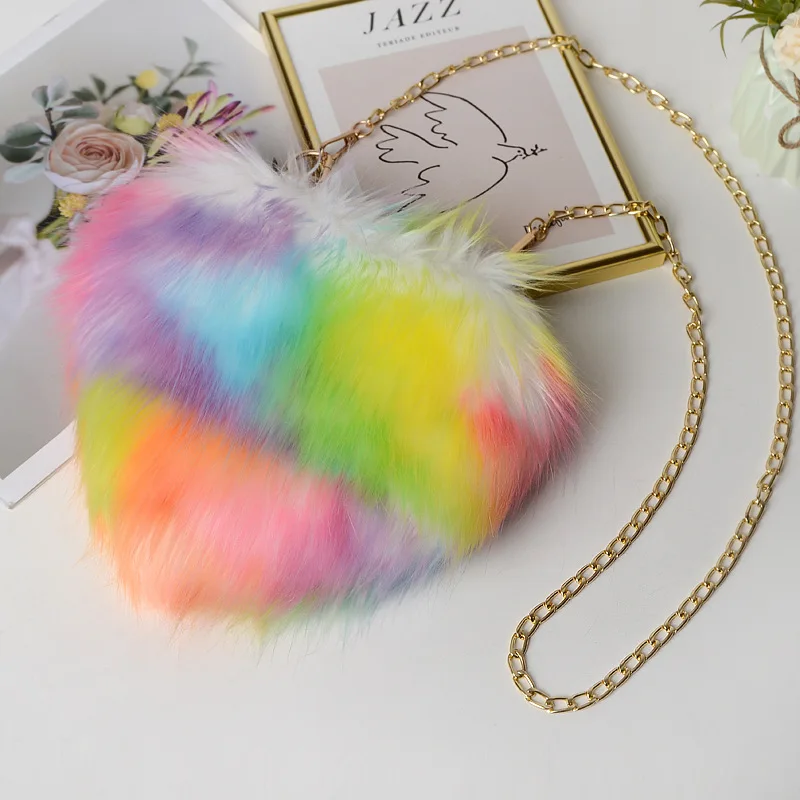 

P107039 Autumn Winter Women Rainbow Faux Fur Purses and Handbags Plush Heart Clutch Handbag bags Totes Girls Shoulder Hand Bags