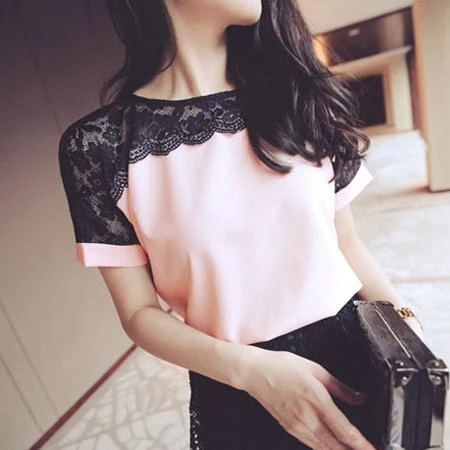 

Korean Fashion Chiffon Blouses Lace Short Sleeve Pink Women Shirts Plus Size 4XL/5XL Womens Tops Blusas Femininas Elegante, White red pink