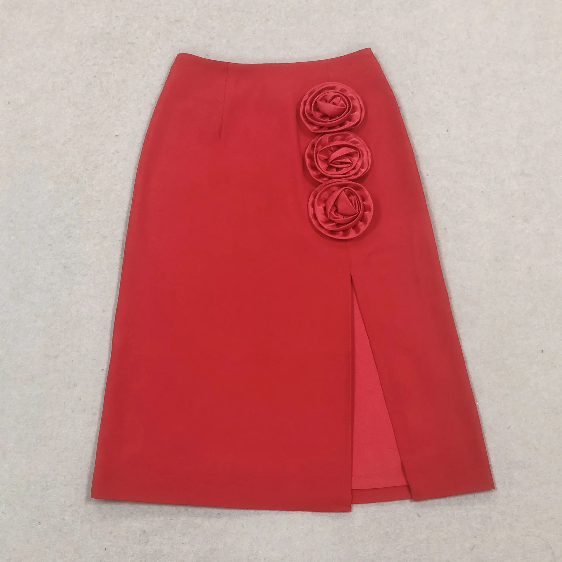 Elegant High Waist Appliqué Split Knee Length Skirt