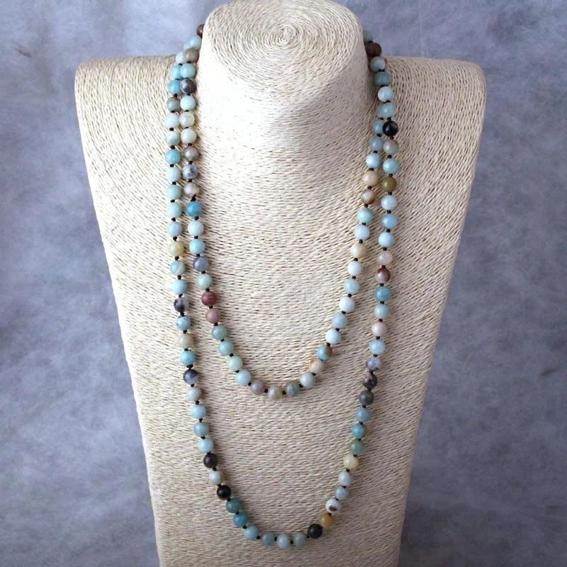 

Fashion Jewelry Amazonite Stones Long Knotted Necklaces Bohemian Tribal Jewelry Women Necklace 150cm, Matt